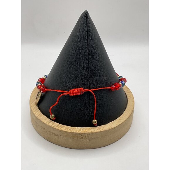 Adjustable Red & Blue Beaded Bracelet With Gold Our Lady Of Guadalupe Charm - Picture 2 of 4